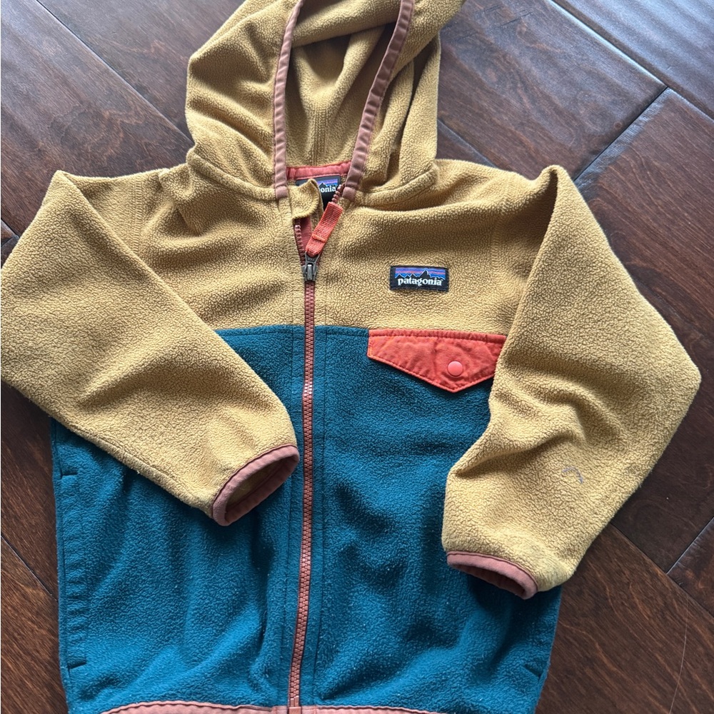 Patagonia Kids' Micro D Fleece Hoodie - Mustard and Teal 2T
